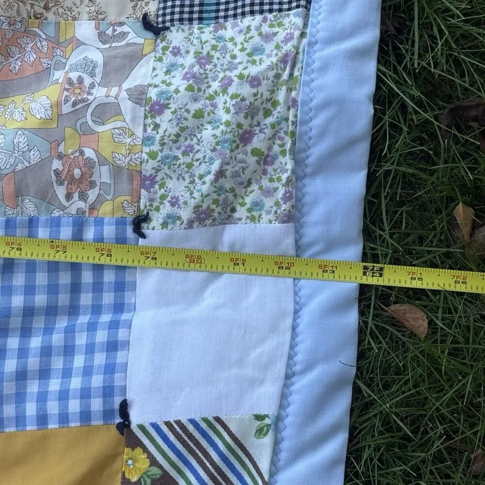 Vintage Handmade Patchwork Tied Quilt Blanket Multicolor 84x70 Throw Floral Blue